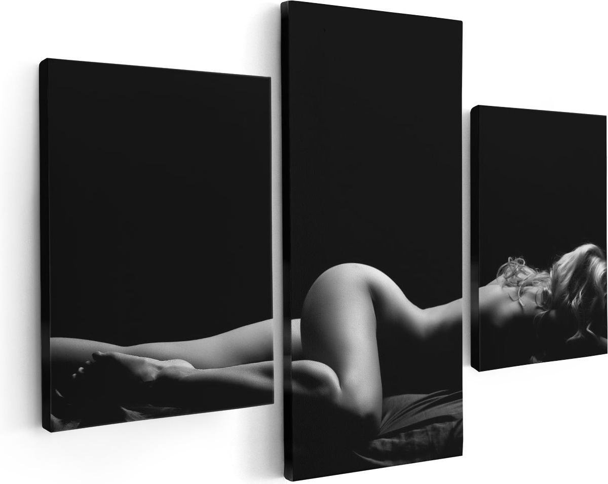 Artaza Canvas Schilderij Drieluik Vrouw Naakt in Bed - Erotiek - Zwart Wit 