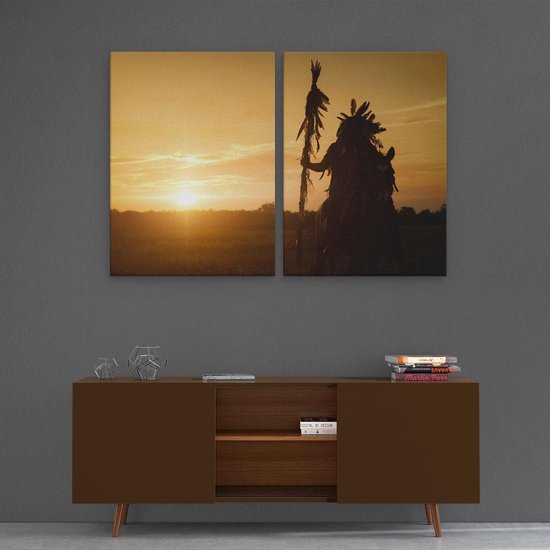Artaza Toile Peinture Diptyque Indien avec une Lance au Coucher du Soleil - 120x80 - Photo sur Toile - Impression sur Toile