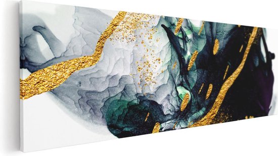 Artaza Canvas Schilderij Abstracte Kunst - Zwart Wit met Gouden Strepen - 90x30 - Foto Op Canvas - Canvas Print