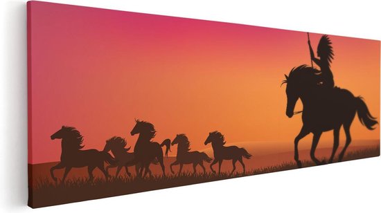 Artaza Canvas Schilderij Silhouet van een Indiaan op een Paard - 120x40 - Groot - Foto Op Canvas - Canvas Print