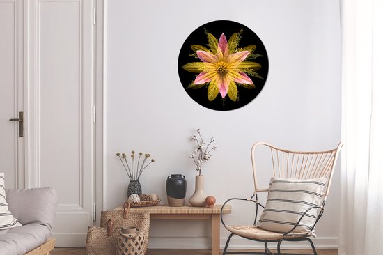 WallCircle - Stickers muraux - Cercle de papier peint - Une fleur jaune sur fond noir - 50x50 cm - Cercle mural - Autocollant - Sticker papier peint rond