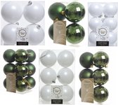 Kerstversiering kunststof kerstballen kleuren mix winter wit/donkergroen 6-8-10 cm pakket van 44x stuks