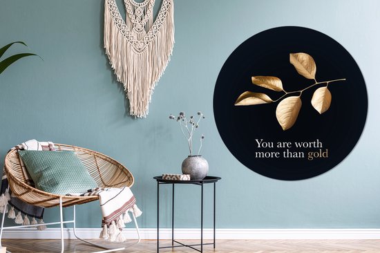 Branche d'or avec des feuilles avec la citation - Vous valez plus que l'or - ⌀ 120 cm - peinture ronde - cercle de papier peint - cercle mural - cercle vivant - autocollant et découpe ronde