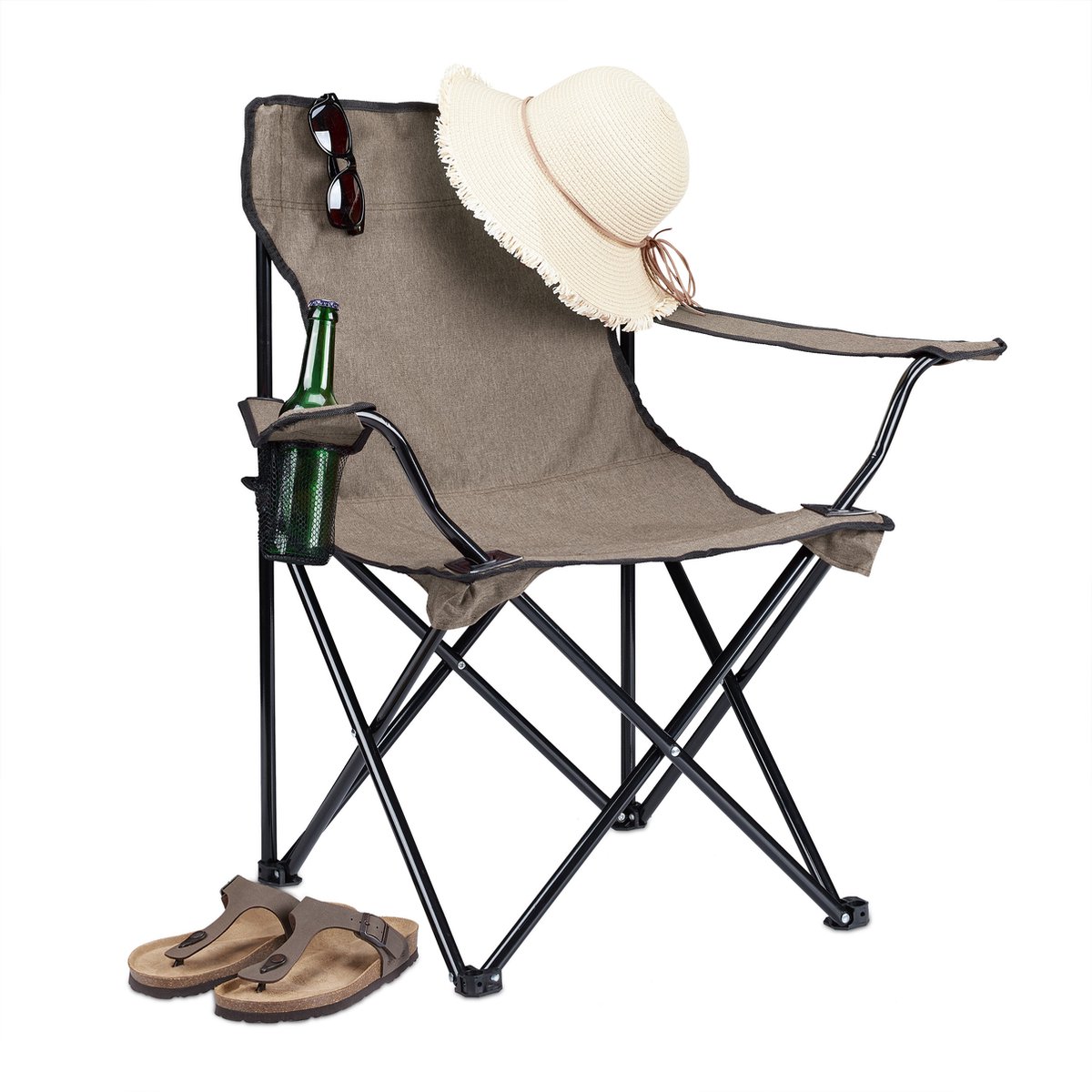 Relaxdays campingstoel opvouwbaar - met bekerhouder - vouwstoel lichtgewicht - visstoel - beige