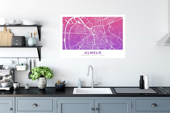 Stickers muraux - Plan de la Nederland - Almelo - Pays-Bas - Violet - 90x60 cm - Feuille adhésive - Carte