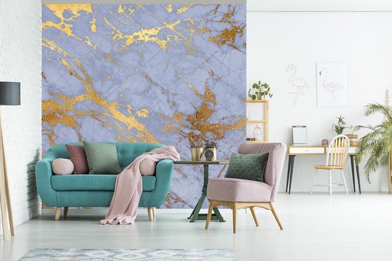 Papier peint - Papiers Papier peint photo Marbre - Motifs - Blauw - Or - Largeur 240 cm x Hauteur 240 cm