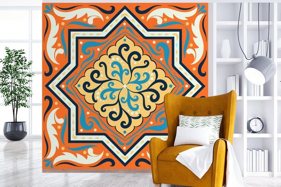 Motif carré avec une étoile sur fond orange avec décorations 240x240 cm