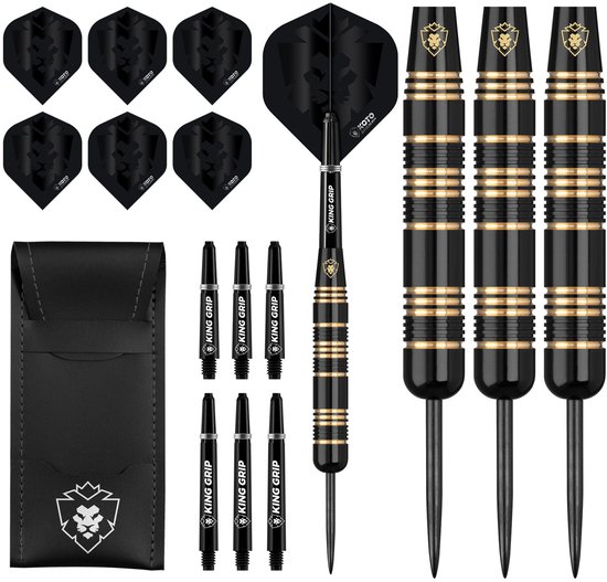 Set met zwarte dartpijlen met gouden ringen, flights, shafts en een dart wallet.