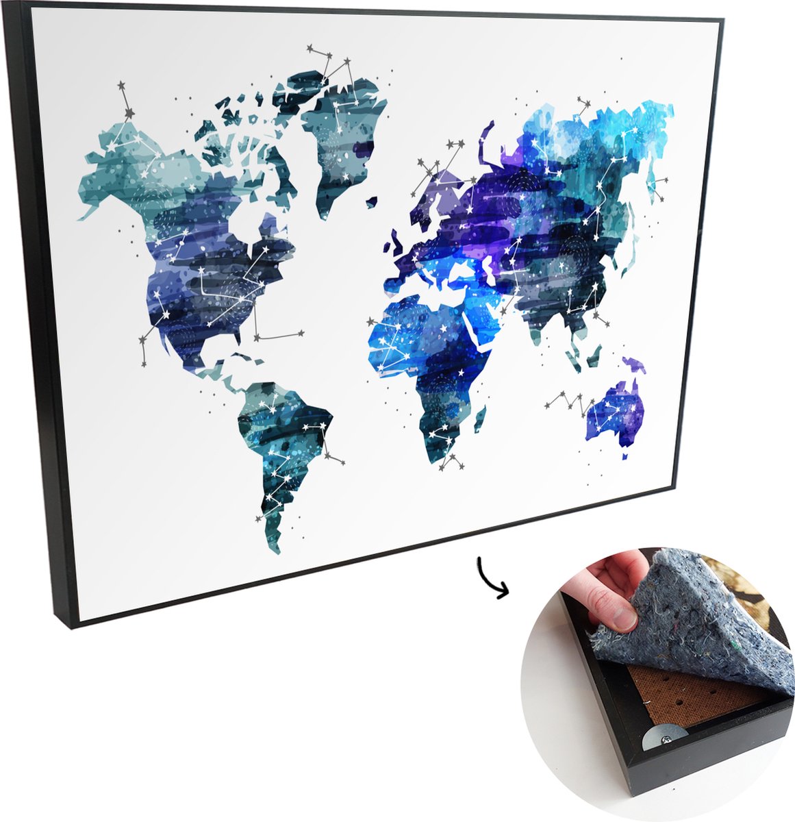 Afbeelding van product OneMillionCanvasses  Akoestische Panelen - Geluidsisolatie - Akoestisch Wandpaneel - Wanddecoratie - Schilderij - 180x120 cm - Wereldkaart - Blauw - Sterrenhemel - Geluidsdemper - Isolatie platen