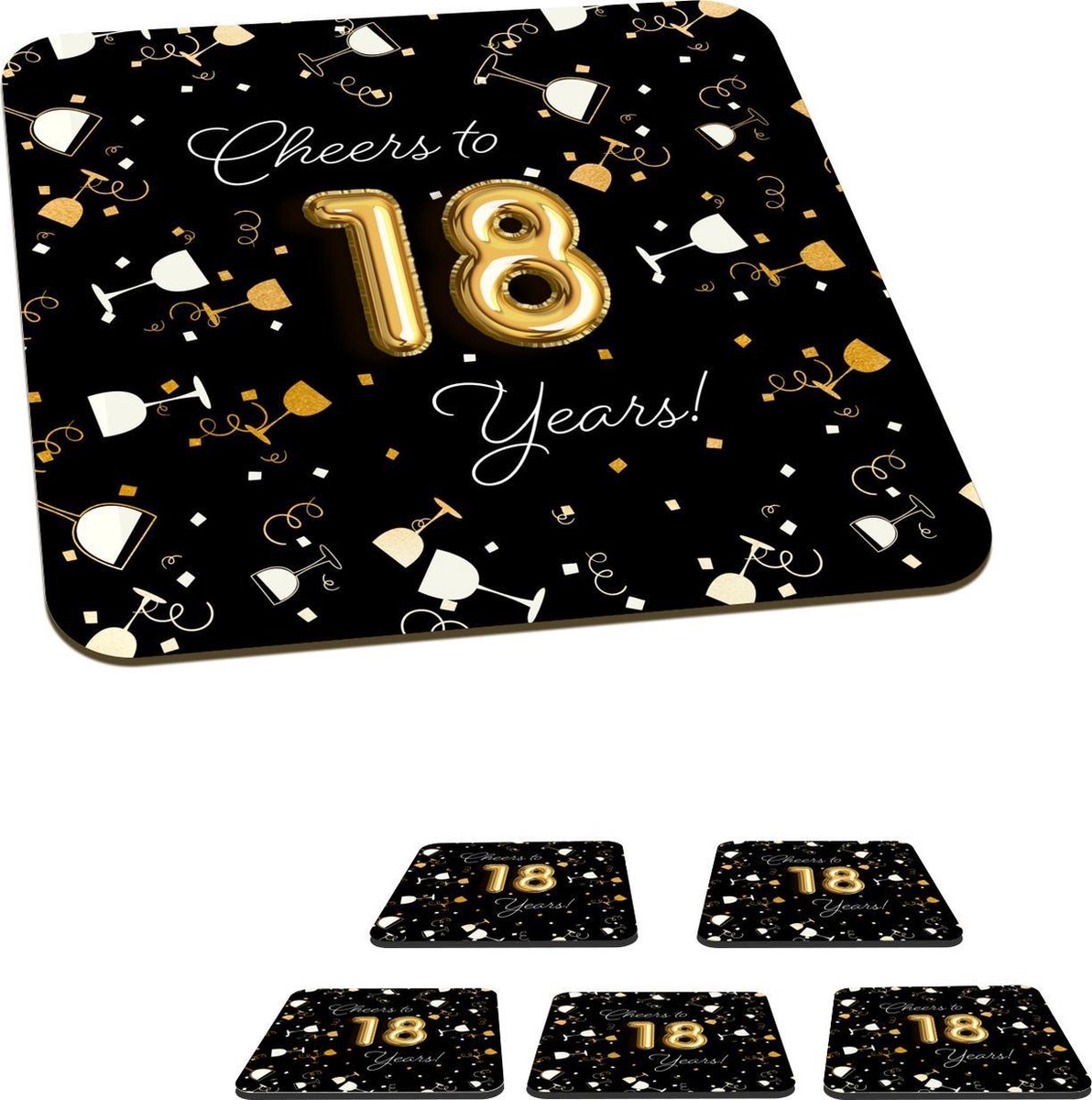 Onderzetters voor glazen - Verjaardag - 18 Jaar - Goud - 10x10 cm - Glasonderzetters - 6 stuks