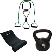 Tunturi - Fitness Set - Kettlebell 16 kg - Fitnessmat 160 x 60 x 0,7 cm - Tubing Set Groen