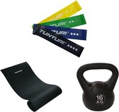 Tunturi - Fitness Set - Kettlebell 16  kg - Fitnessmat 160 x 60 x 0,7 cm - Weerstandsbanden 4 stuks