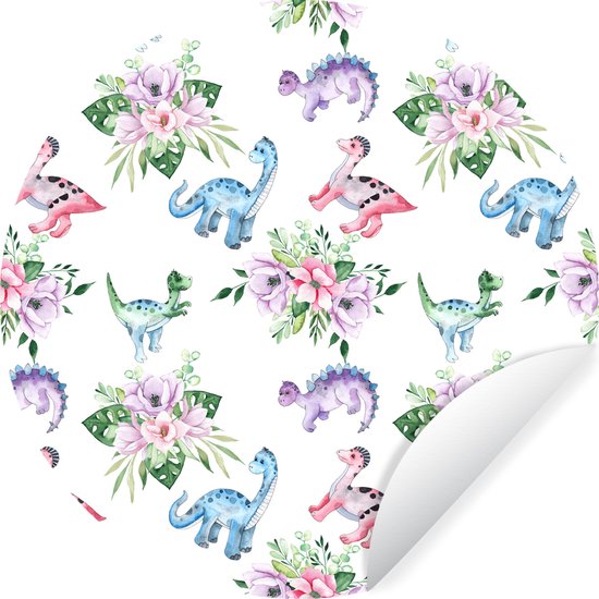 WallCircle - Stickers muraux - Cercle de Papier Peint - Chambre d'Enfant - Dinosaurus - Fleurs - Filles - Enfants - Rose - Enfant - 140x140 cm - Cercle Mural - Auto Adhésif - Sticker Papier Peint Rond