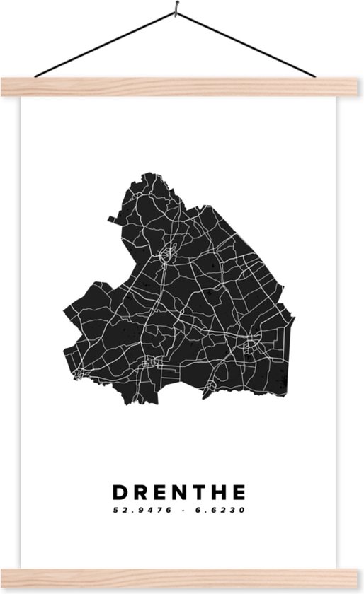 Posterhanger incl. Poster 40x60 cm - Schoolplaat - Drenthe - Wegenkaart Nederland - Wit - Textielposter - Blanke latten