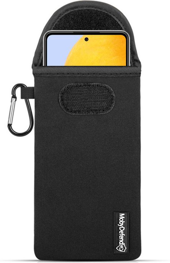 Coque pour Samsung Galaxy A72, pochette en néoprène MobyDefend avec mousqueton, étui d'insertion, étui à boucle de ceinture, Zwart | Étui pour téléphone portable/étui pour téléphone adapté à : Samsung Galaxy A72