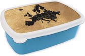 Broodtrommel Blauw - Lunchbox - Brooddoos - Kaart Europa - Zwart - Goud - 18x12x6 cm - Kinderen - Jongen