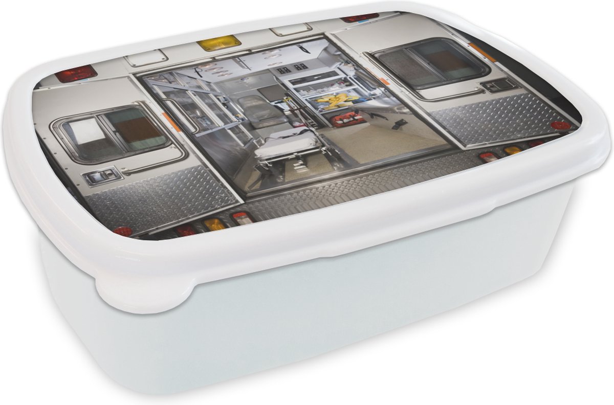 Broodtrommel Wit - Lunchbox - Brooddoos - Ambulance met open deuren - 18x12x6 cm - Volwassenen