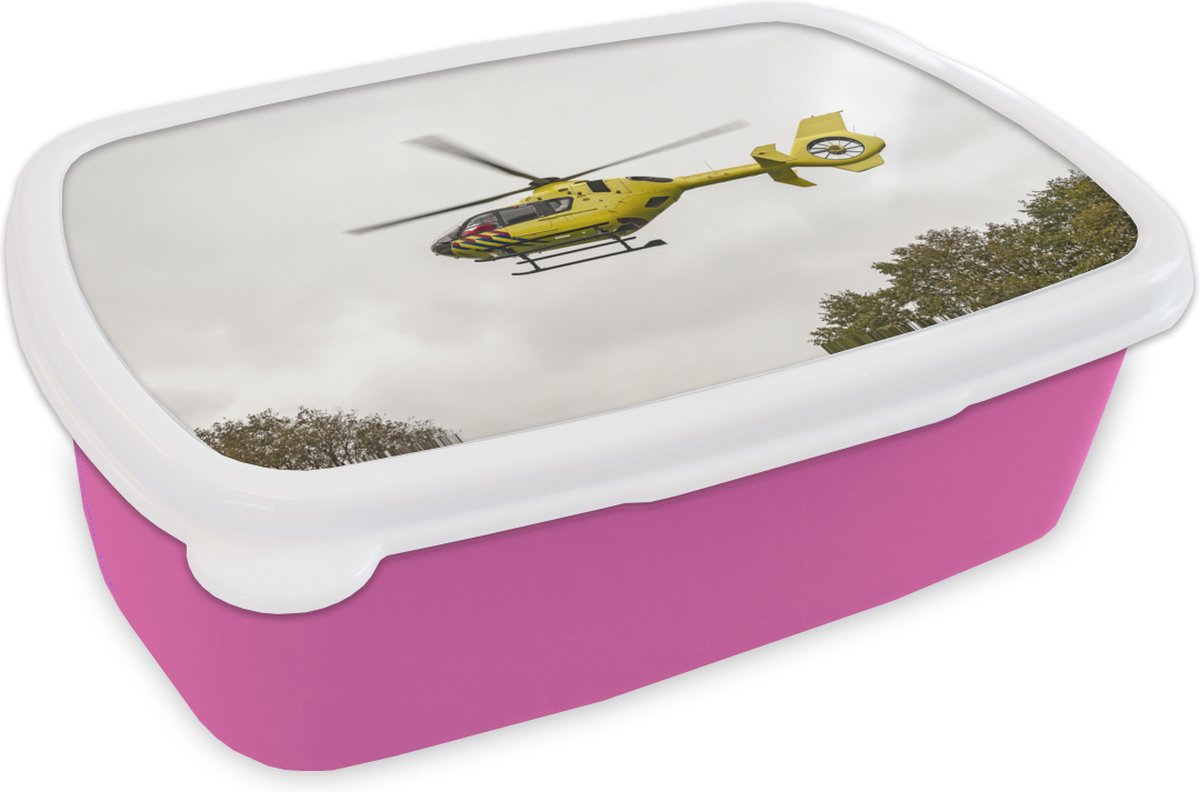 Broodtrommel Roze - Lunchbox - Brooddoos - Gele traumahelikopter - 18x12x6 cm - Kinderen - Meisje