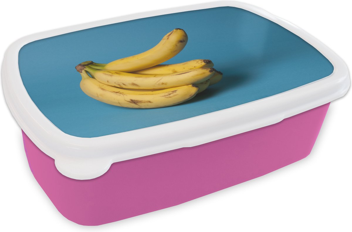 Broodtrommel Roze - Lunchbox - Brooddoos - Banaan - Fruit - Blauw - 18x12x6 cm - Kinderen - Meisje