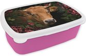 Broodtrommel Roze - Lunchbox - Brooddoos - Koe - Bloemen - Dieren - Bruin - 18x12x6 cm - Kinderen - Meisje