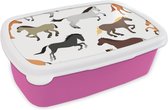 Broodtrommel Roze - Lunchbox - Brooddoos - Paarden - Kleuren - Patroon - Meisjes - Kinderen - Meiden - 18x12x6 cm - Kinderen - Meisje