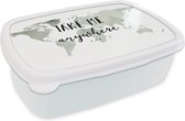 Broodtrommel Wit - Lunchbox - Brooddoos - Wereldkaart - Quote - Take Me Anywhere - 18x12x6 cm - Volwassenen