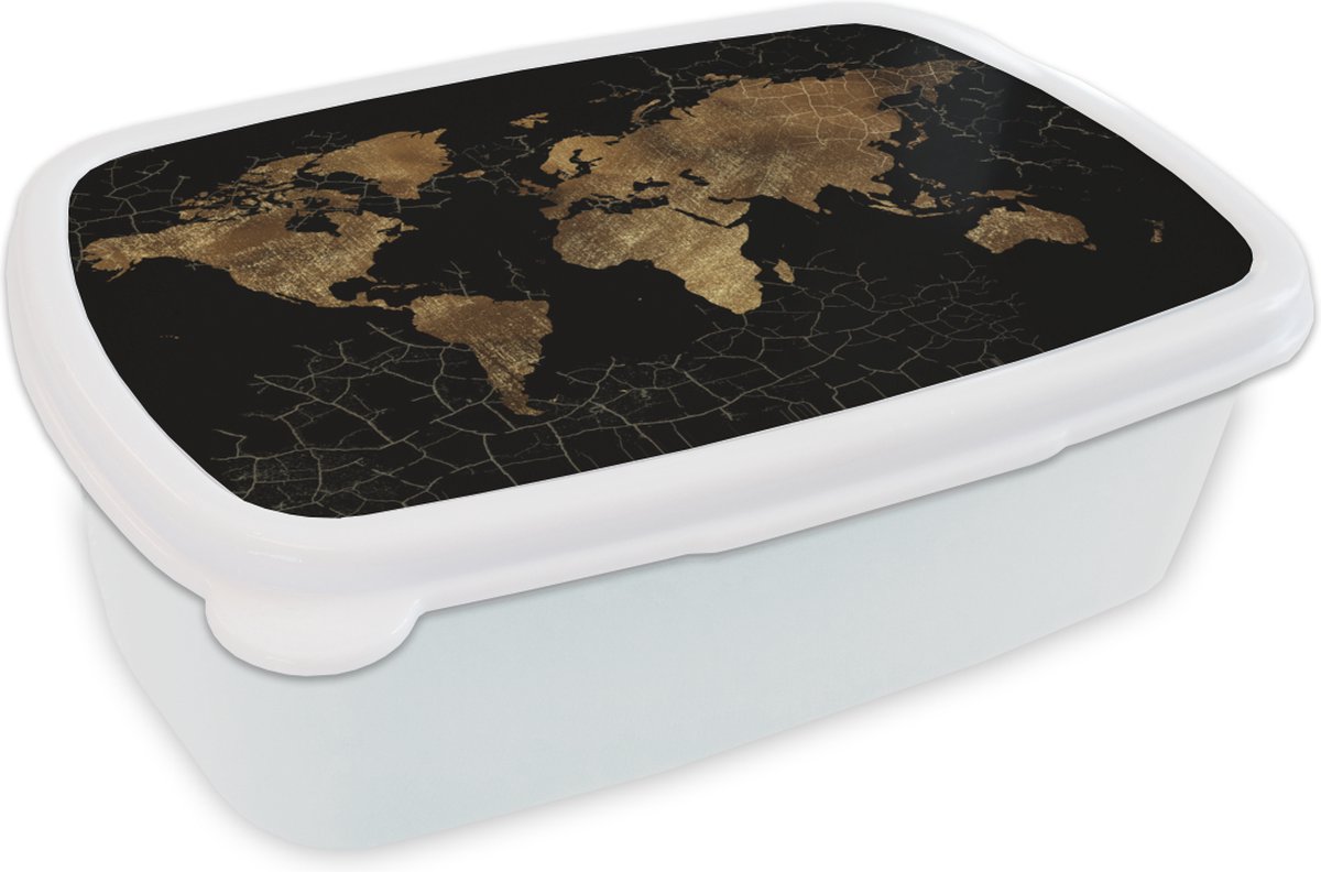 Broodtrommel Wit - Lunchbox - Brooddoos - Wereldkaart - Marmer - Goud - 18x12x6 cm - Volwassenen