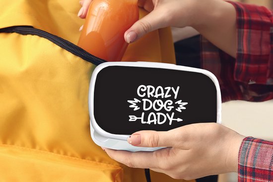 Broodtrommel Wit - Lunchbox - Brooddoos - Hond - Crazy dog lady - Quotes - Spreuken - 18x12x6 cm - Volwassenen