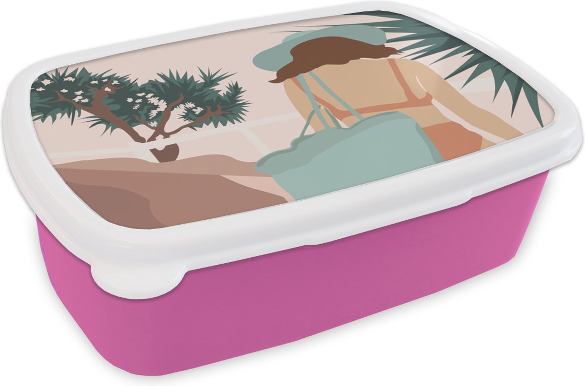 Broodtrommel Roze - Lunchbox - Brooddoos - Zomer - Vrouw - Abstract - 18x12x6 cm - Kinderen - Meisje