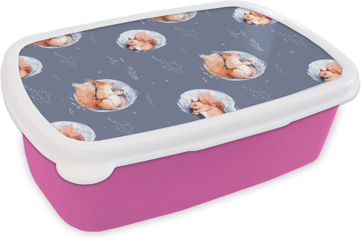 Broodtrommel Roze - Lunchbox - Brooddoos - Winter - Eekhoorn - Noot - 18x12x6 cm - Kinderen - Meisje