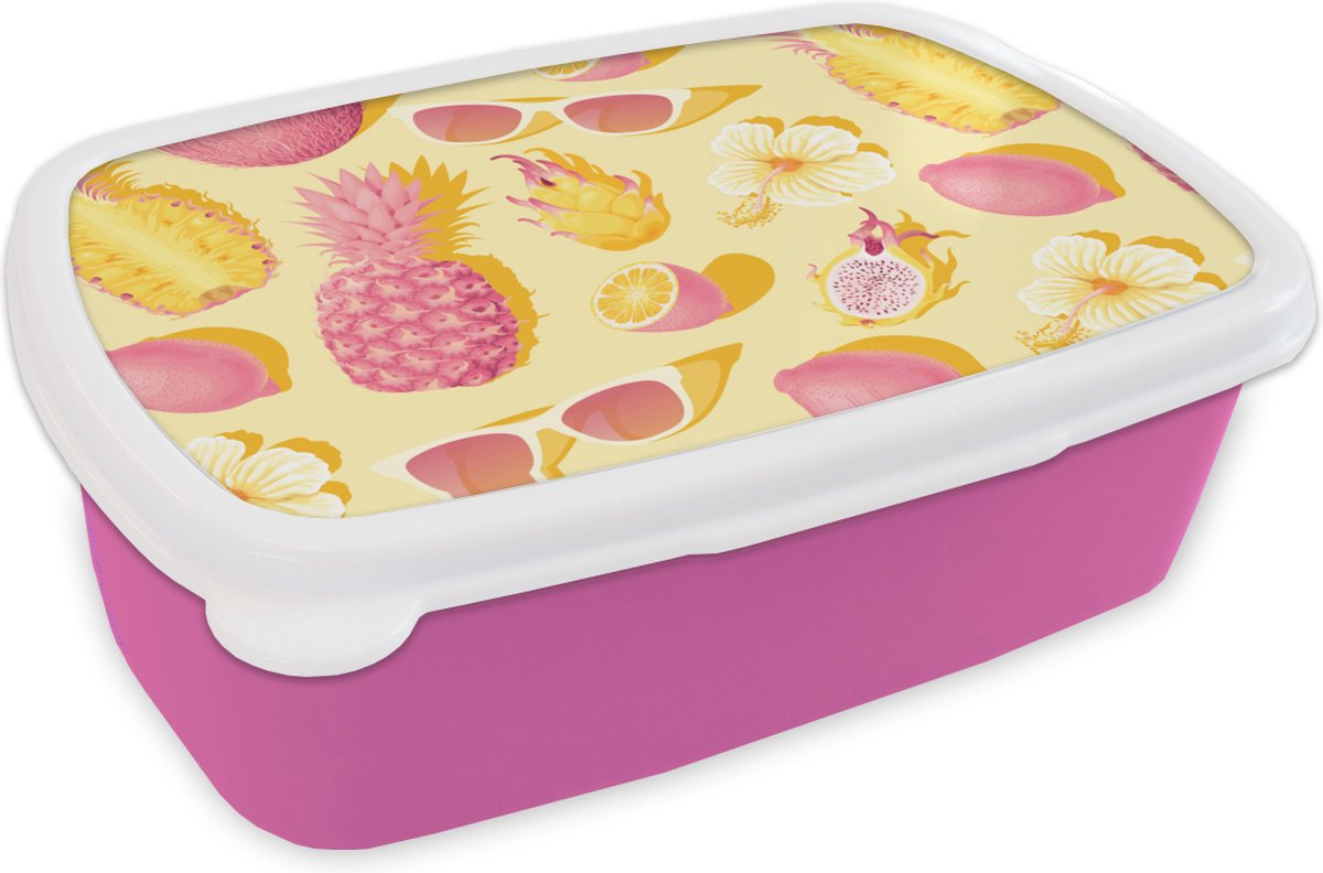 Broodtrommel Roze - Lunchbox - Brooddoos - Zomer - Ananas - Geel - 18x12x6 cm - Kinderen - Meisje