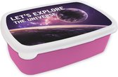 Broodtrommel Roze - Lunchbox - Brooddoos - Quotes - 'Let's explore the universe' - Spreuken - Jongens - Kids - Kinderen - 18x12x6 cm - Kinderen - Meisje