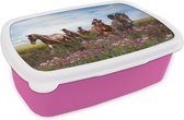 Broodtrommel Roze - Lunchbox Paarden - Bloemen - Roze - Brooddoos 18x12x6 cm - Brood lunch box - Broodtrommels voor kinderen en volwassenen