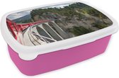 Broodtrommel Roze - Lunchbox - Brooddoos - Trein op een spoorbrug - 18x12x6 cm - Kinderen - Meisje