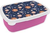 Broodtrommel Roze - Lunchbox - Brooddoos - Patroon - Ruimte - Planeten - Jongens - Meisjes - Kinderen - Kids - 18x12x6 cm - Kinderen - Meisje