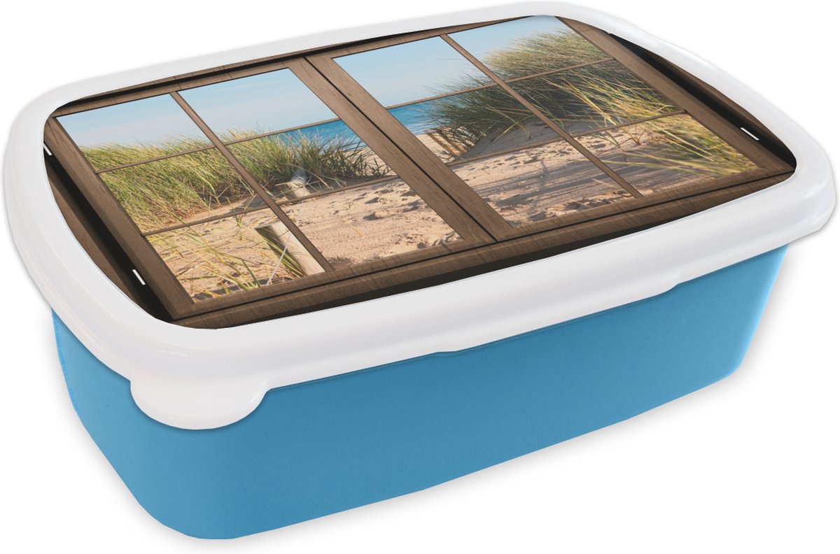 Broodtrommel Blauw - Lunchbox - Brooddoos - Doorkijk - Strand - Gras - 18x12x6 cm - Kinderen - Jongen