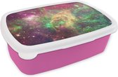 Broodtrommel Roze - Lunchbox - Brooddoos - Ruimte - Groen - Sterren - 18x12x6 cm - Kinderen - Meisje