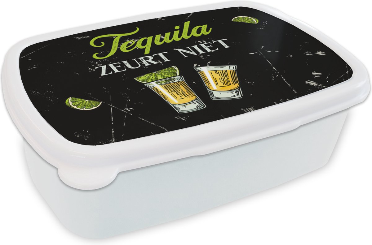 Broodtrommel Wit - Lunchbox - Brooddoos - Tequila - Glazen - Spreuk - 18x12x6 cm - Volwassenen