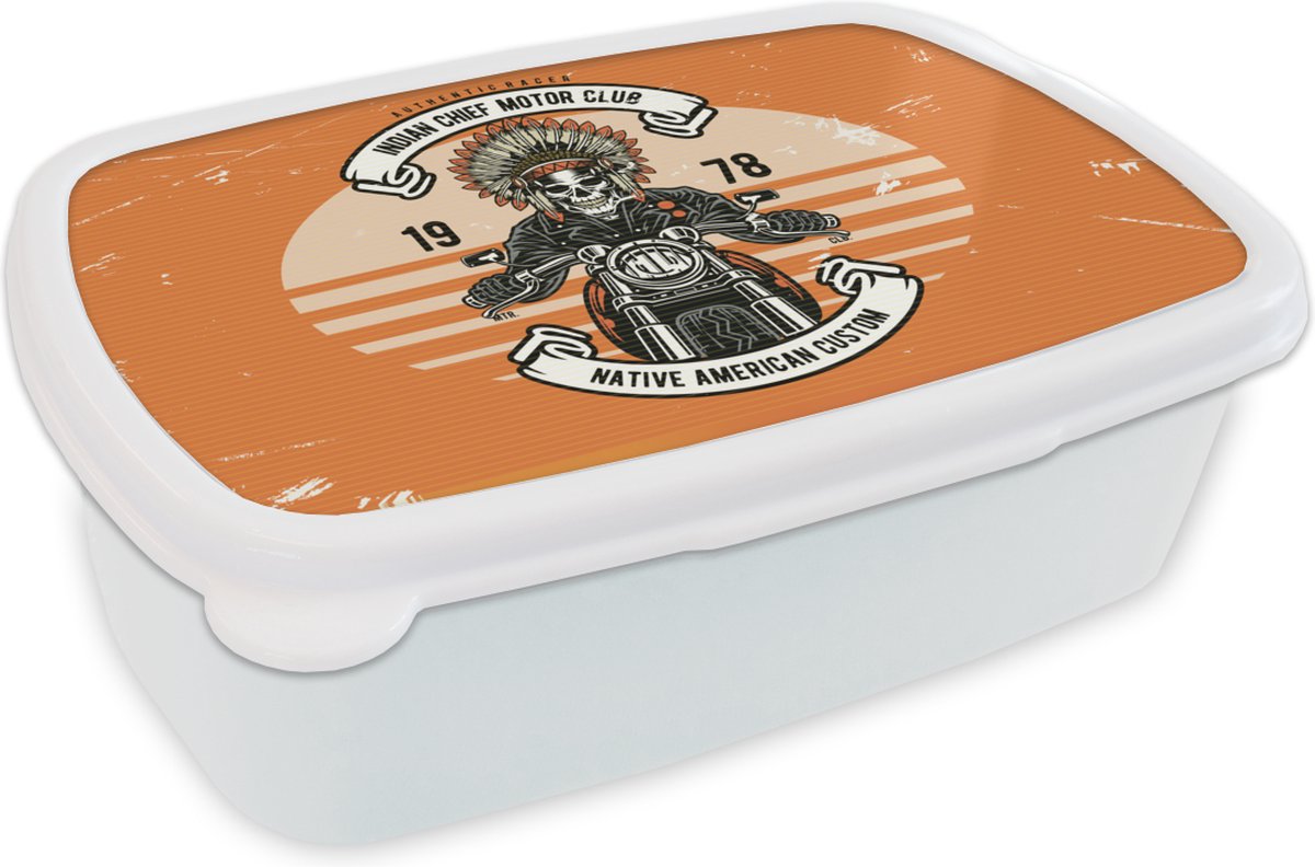 Broodtrommel Wit - Lunchbox - Brooddoos - Motor - Skelet - Indiaan - Retro - 18x12x6 cm - Volwassenen