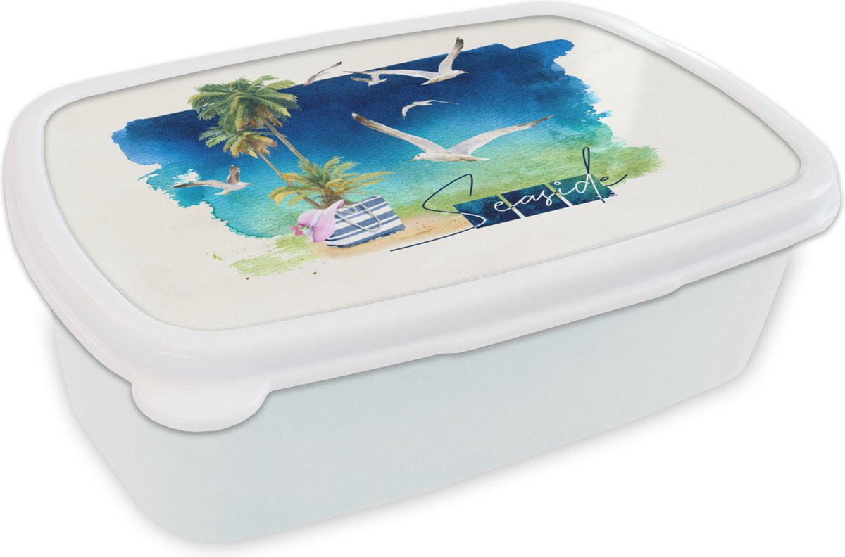 Broodtrommel Wit - Lunchbox - Brooddoos - Vogel - Palmboom - Lucht - Strand - 18x12x6 cm - Volwassenen