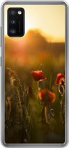 Geschikt voor Samsung Galaxy A41 hoesje - Klaproos - Zonsondergang - Goud - Siliconen Telefoonhoesje