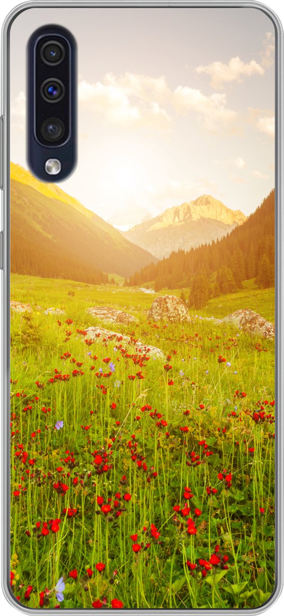 Telefoonhoesje Geschikt voor Samsung Galaxy A30s hoesje - Bloemen - Berg - Zon - Siliconen Telefoonhoesje Telefoonhoesje