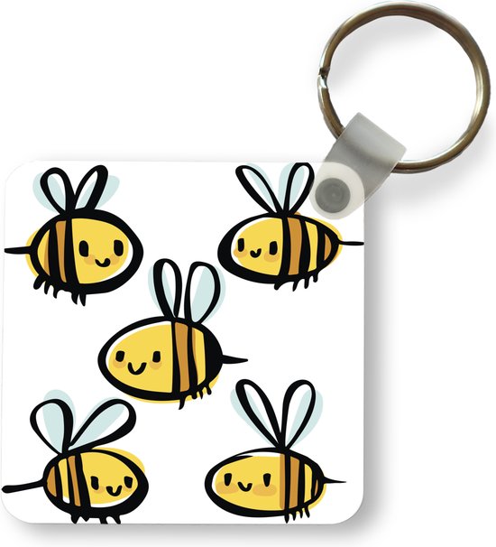 Sleutelhanger - Een illustratie van vijf bijen - Plastic - Rond - Uitdeelcadeautjes