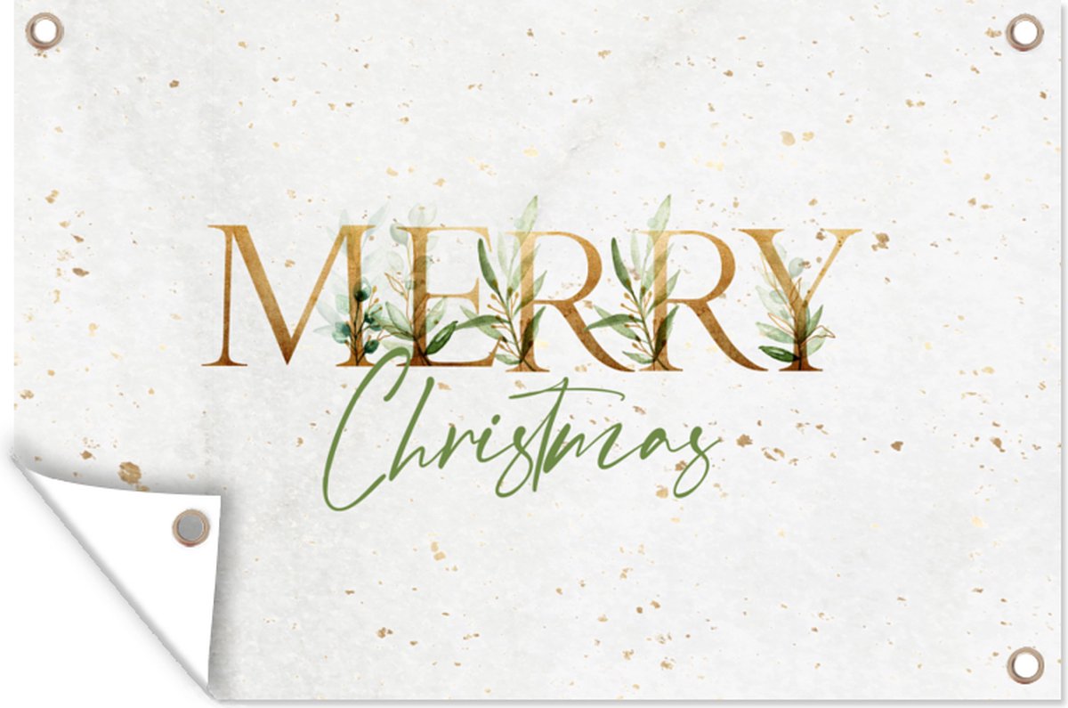 Tuinposter buiten Kerst met gouden Merry Christmas quotes op 90x60 cm doek.