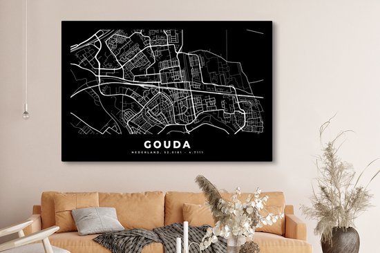 Toile Peinture Carte - Gouda - Zwart - 180x120 cm - Décoration murale XXL