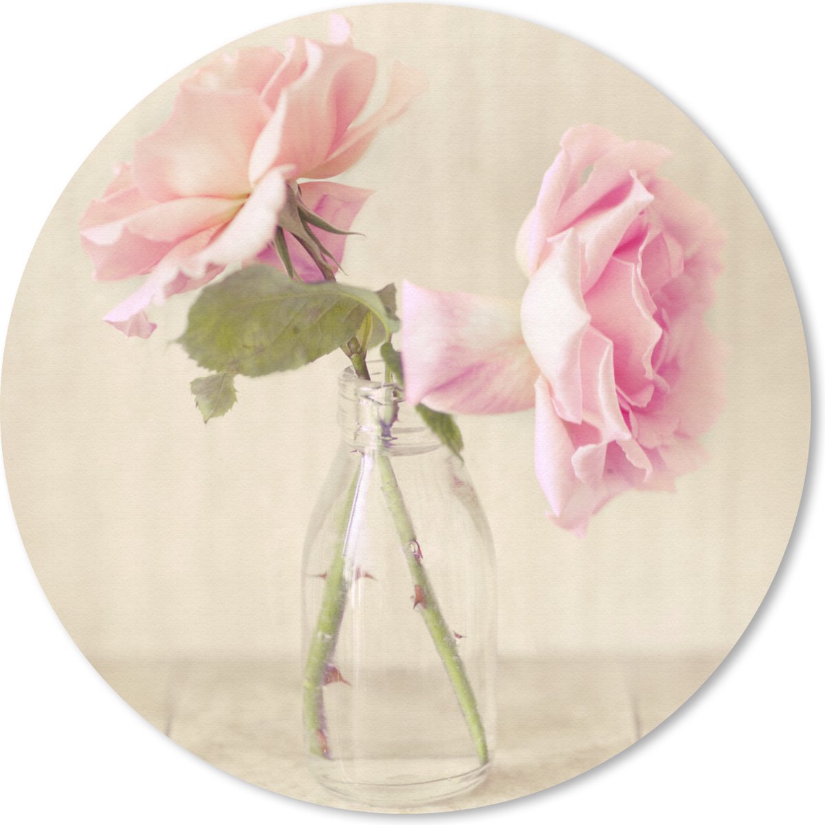 Muismat rond 20x20 cm - Mousepad Twee roze rozen als decoratie in een glazen flesje - Ronde muismatten