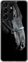 Geschikt voor Samsung Galaxy S21 Ultra hoesje - Paard - Zwart - Halster - Siliconen Telefoonhoesje