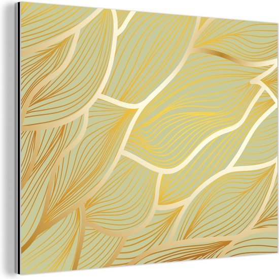 Wanddecoratie Metaal - Aluminium Schilderij Industrieel - Gouden golven op een groene achtergrond - 80x60 cm - Dibond - Foto op aluminium - Industriële muurdecoratie - Voor de woonkamer/slaapkamer