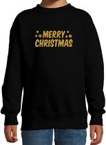 Merry Christmas Kerst sweater / trui - zwart met gouden glitter bedrukking - kinderen - Kerst sweater / Kerst outfit 9-11 jaar (134/146)