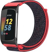 Nylon Smartwatch bandje - Geschikt voor  Fitbit Charge 5 nylon bandje - rood/zwart - Strap-it Horlogeband / Polsband / Armband